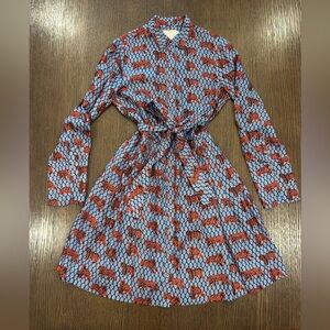 J. Crew Collection Navy button up dress with Orange Tiger Print